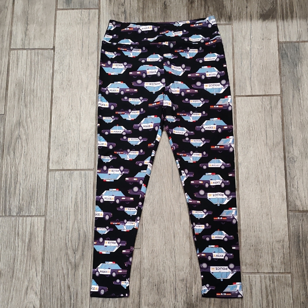 LuLaRoe TC Black and Purple Police Car Print Leggings NWOT
